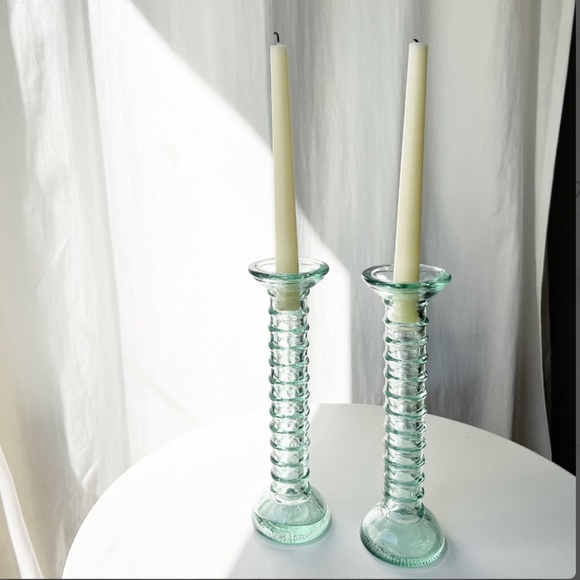 Set of 2 Vintage La Mediterranea Recycled Green Glass Vases/Candlesticks 10” - Picture 5 of 7